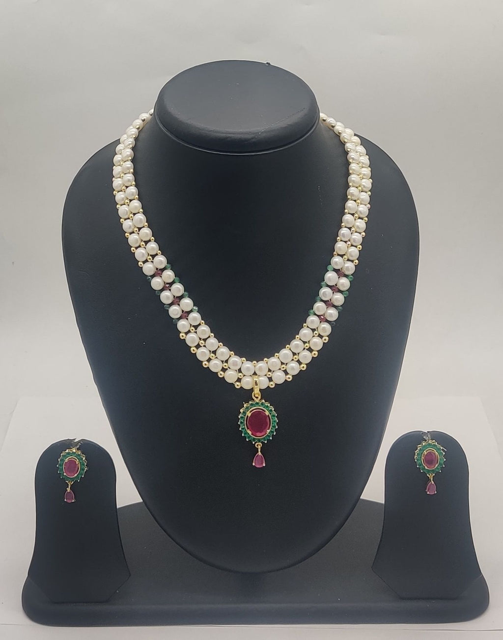 Ruby-Leaf freshwater pearl necklace and earrings set with red and green stones for women