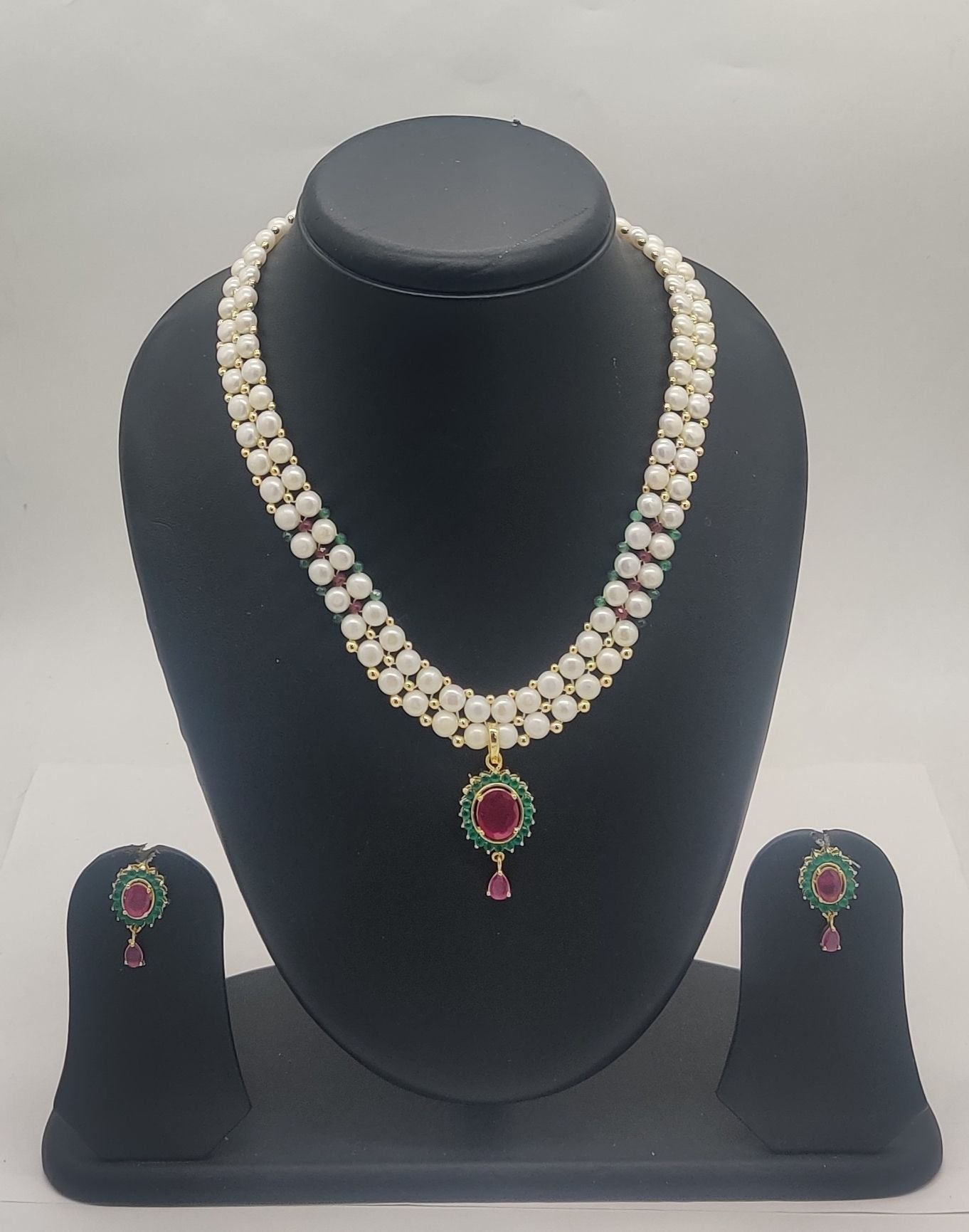 Ruby-Leaf freshwater pearl necklace and earrings set with red and green stones for women