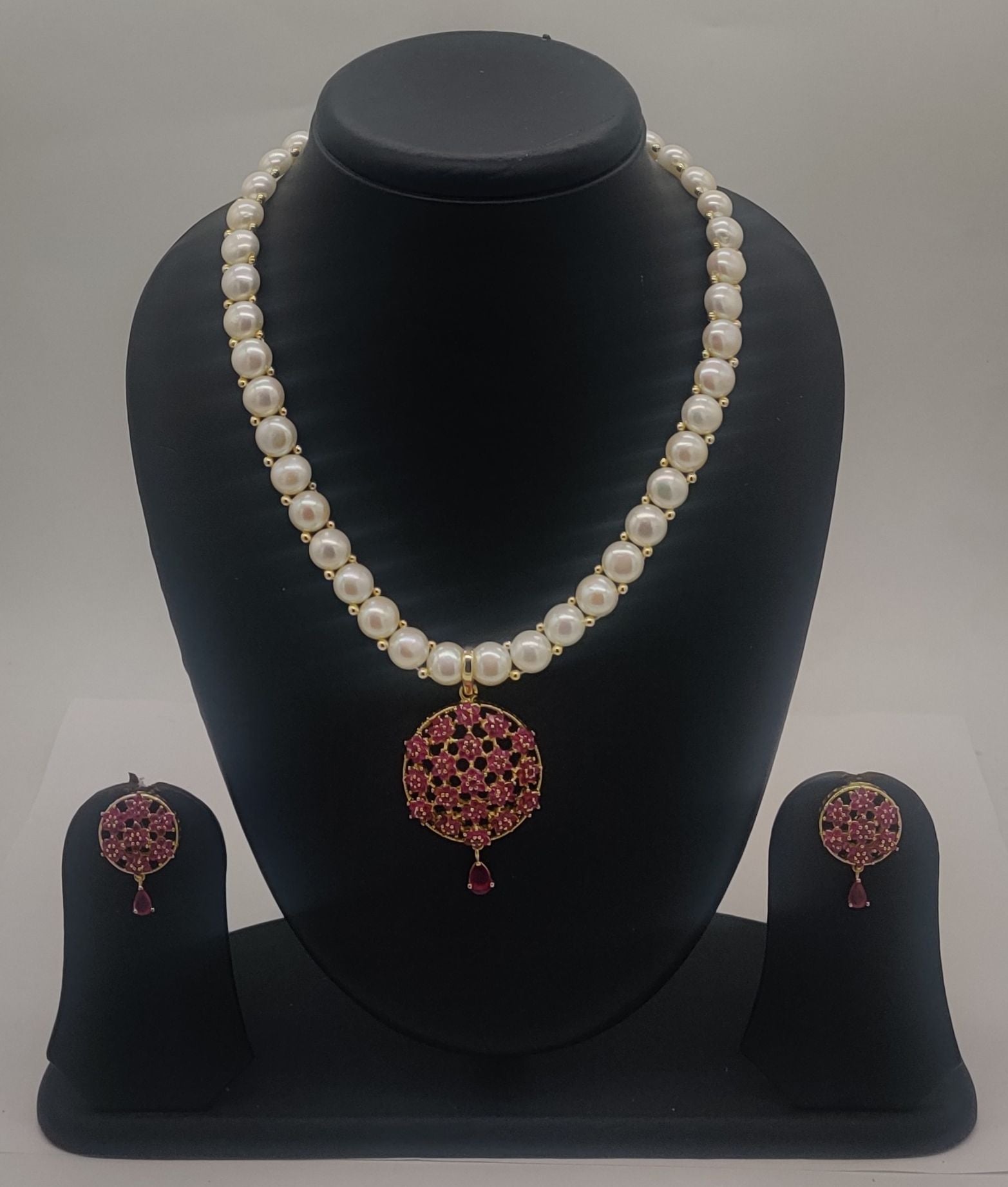 Ruby teardrop freshwater pearls pendant set with matching earrings for women