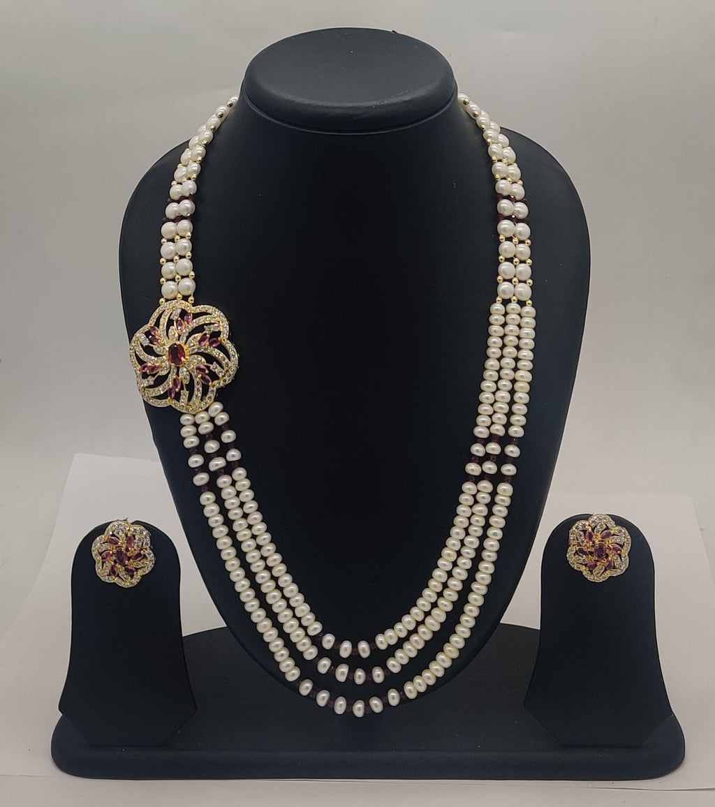 Scarlet Bloom Multi-Strand Freshwater Pearl Broach Set with Floral Red Stone Pendant and Matching Stud Earrings