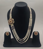 Scarlet Bloom Multi-Strand Freshwater Pearl Broach Set with Floral Red Stone Pendant and Matching Stud Earrings