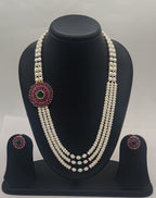 Regal Ruby-Green Multi-Strand Freshwater Pearl Broach Set with Circular Gemstone Pendant and Matching Stud Earrings