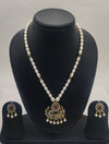 One line freshwater pearl necklace and earrings set with peacock-inspired pendant and matching motif earrings