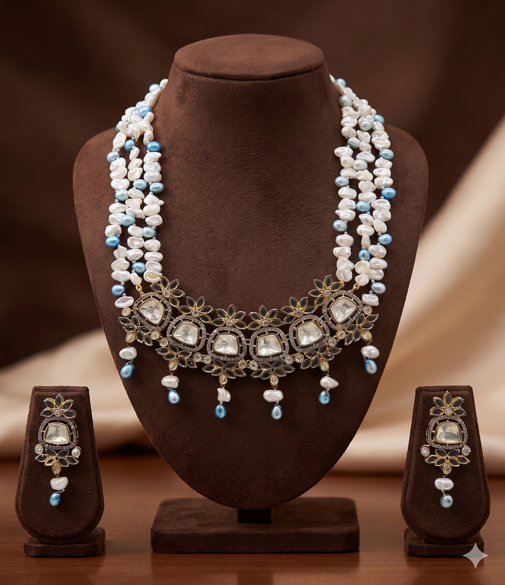 Ocean Bloom Polki Freshwater Pearl Pendant Set