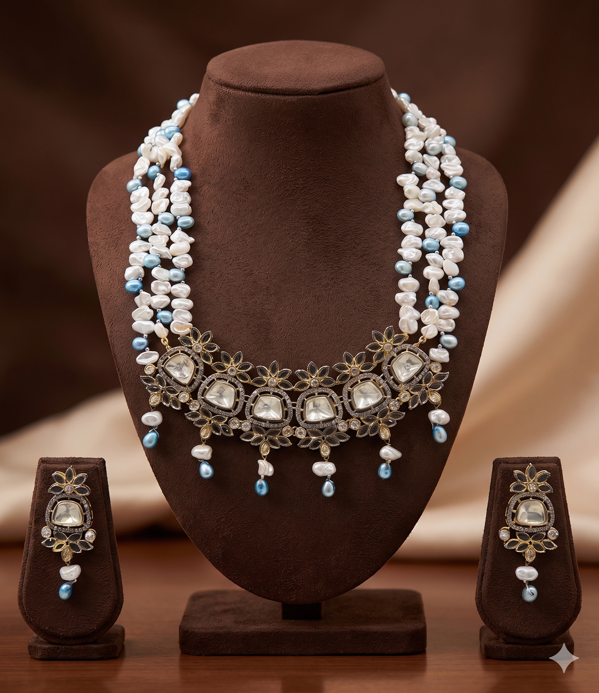 Ocean Bloom Polki Freshwater Pearl Pendant Set