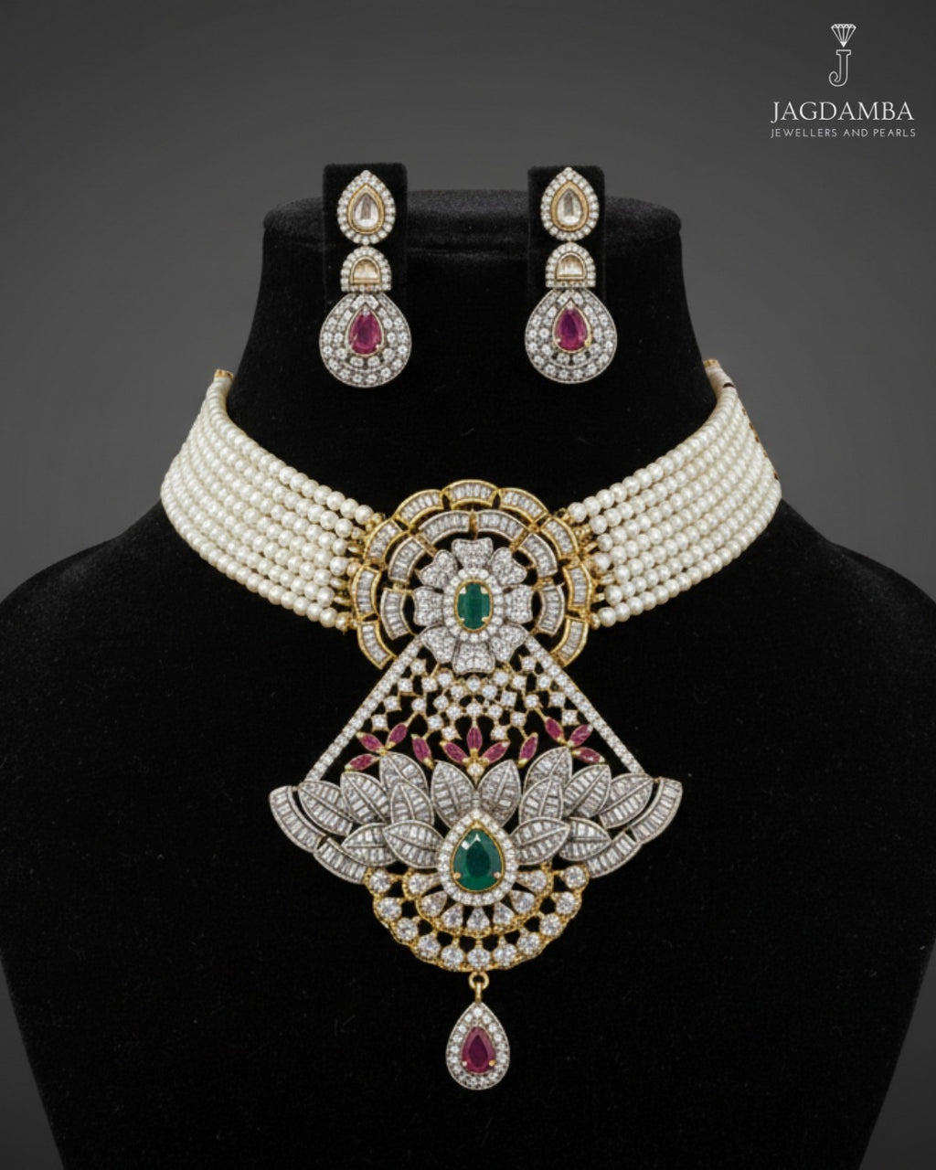 Colorful CZ genuine freshwater pearl necklace and earrings set for women