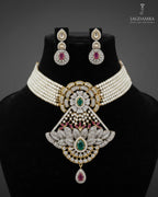 Colorful CZ genuine freshwater pearl necklace and earrings set for women