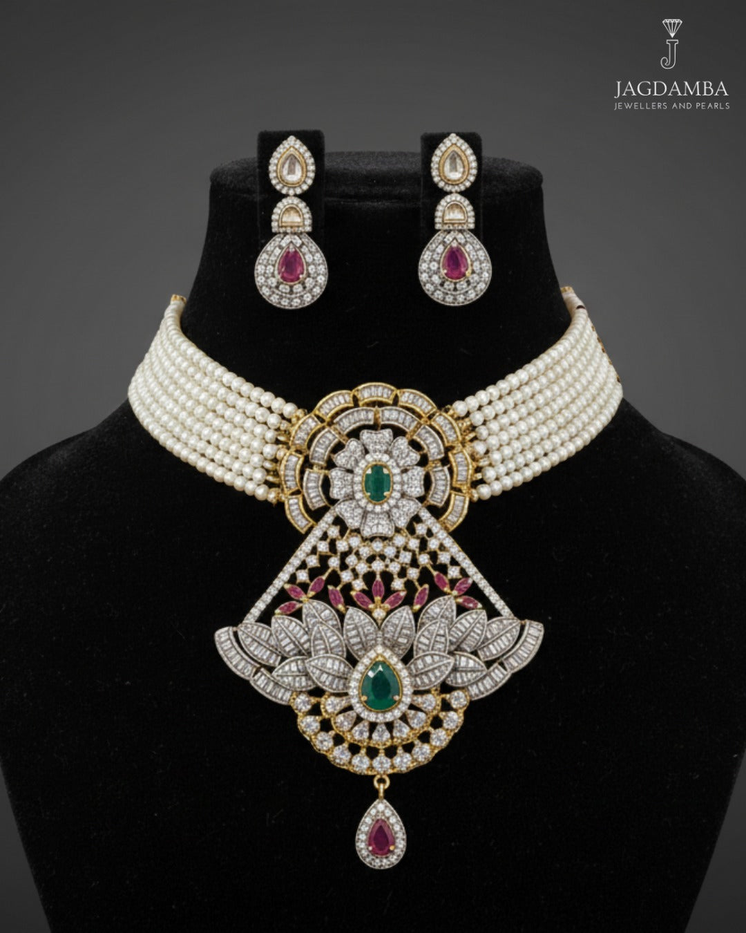 Colorful CZ genuine freshwater pearl necklace and earrings set for women