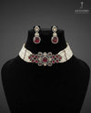 Ruby and clear stone genuine freshwater pearl necklace and earrings set for women