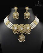 gold toned pearl choker with iridescent medallions and matching earrings for traditional bridal wear