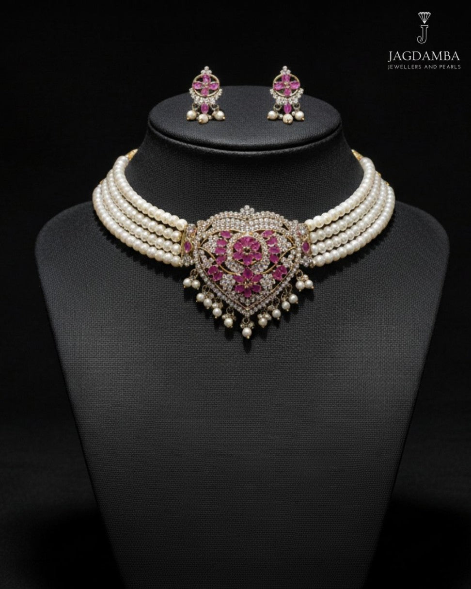 white freshwater pearl choker set with pink stone pendant and matching drop earrings for women