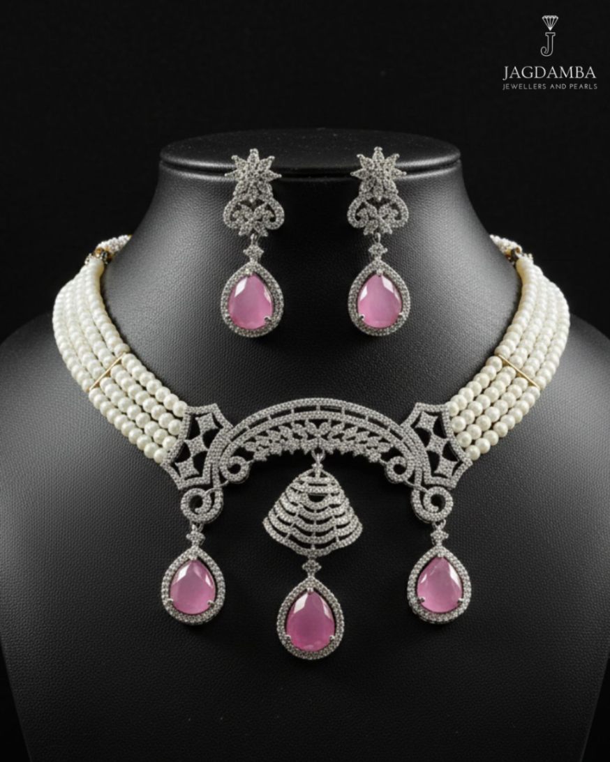 Blush Elegance Pearl & Pink Stone Choker Set