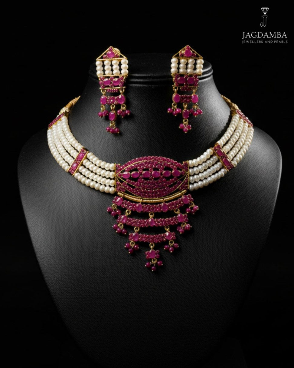 Ruby accent genuine freshwater pearl necklace and earrings set for women