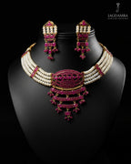 Ruby accent genuine freshwater pearl necklace and earrings set for women