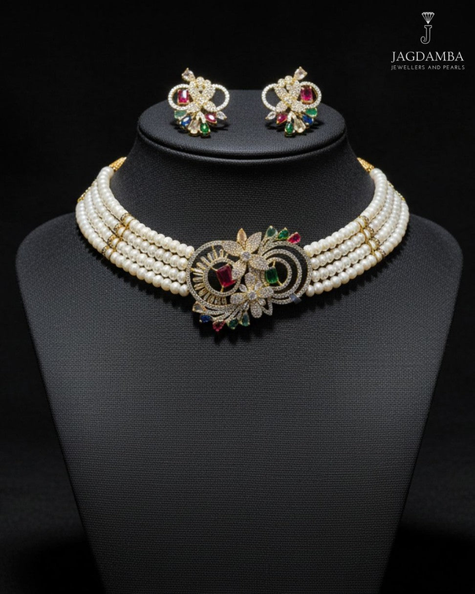 Multi-colored gemstone genuine freshwater pearl necklace and earrings set for women