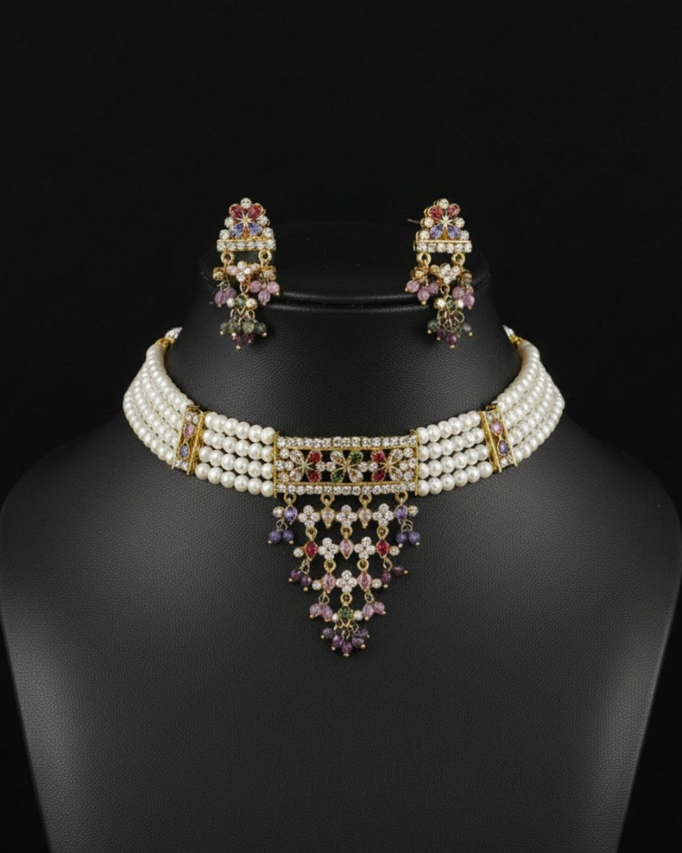 Colorful stone genuine freshwater pearl necklace and earrings set for women