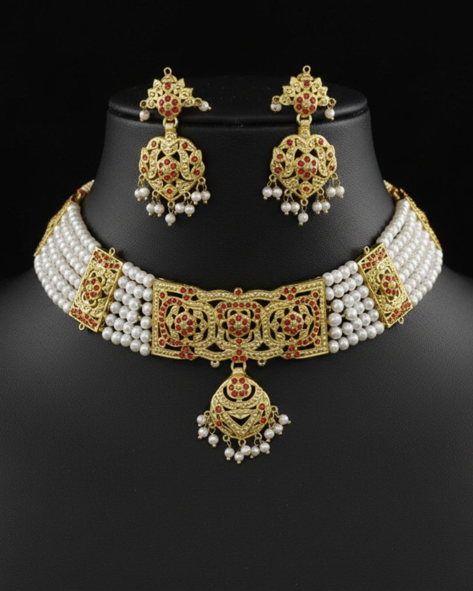 Traditional red enamel genuine freshwater pearl necklace and earrings set for women