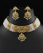 Traditional red enamel genuine freshwater pearl necklace and earrings set for women