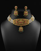 Traditional red and green genuine freshwater pearl necklace and earrings set for women