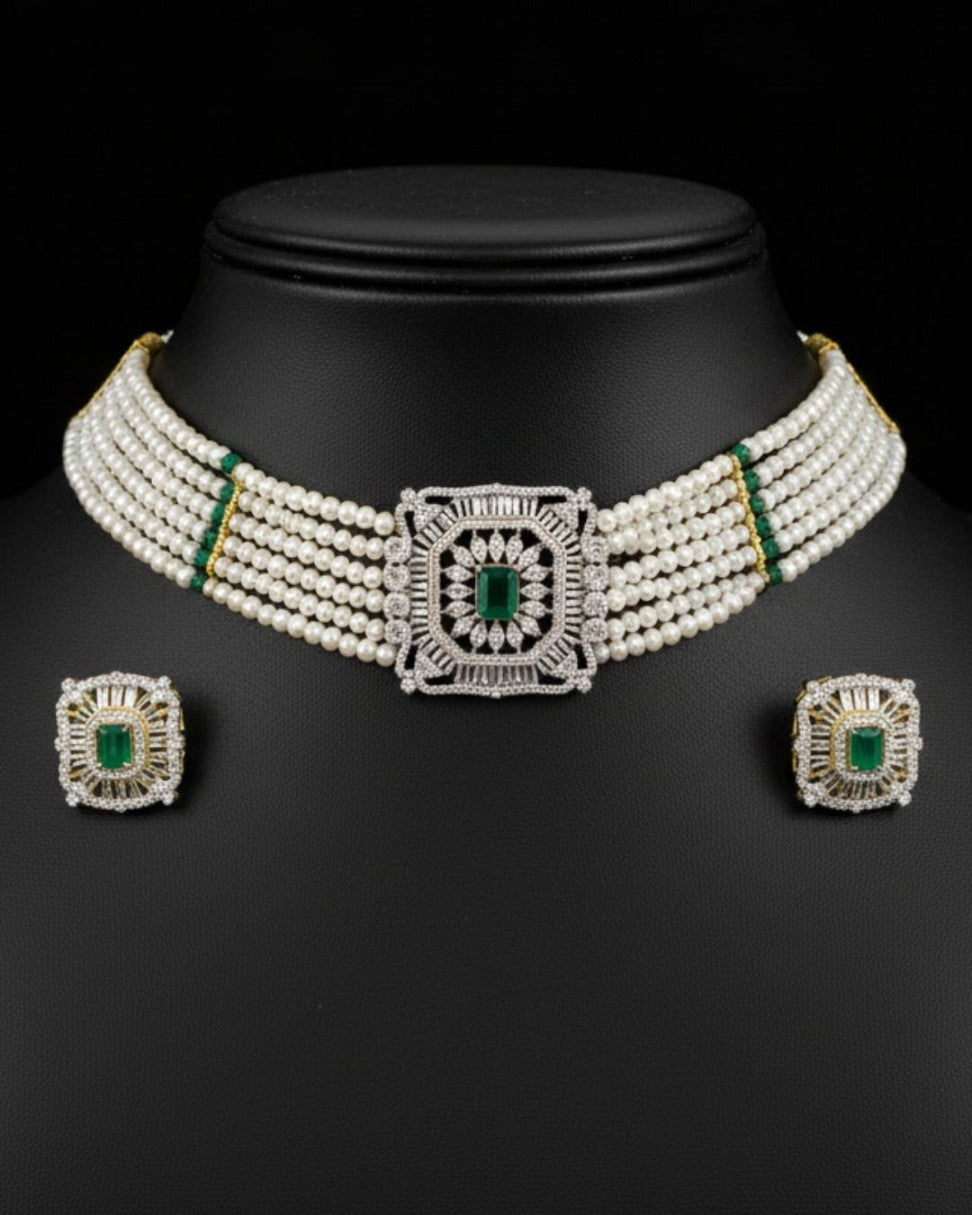 Emerald-cut green genuine freshwater pearl necklace and earrings set for women