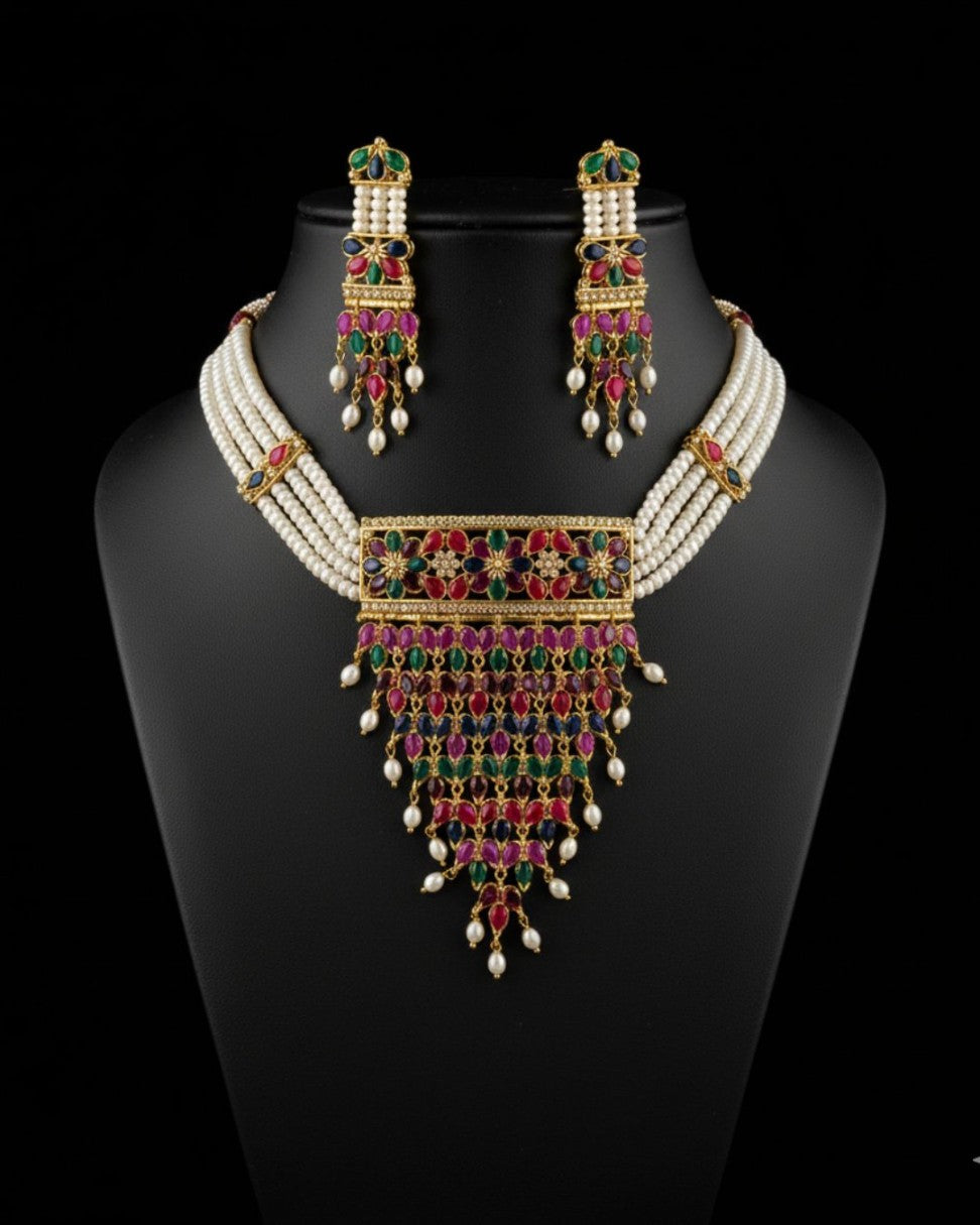 Cascading colorful genuine freshwater pearl necklace and earrings set for women