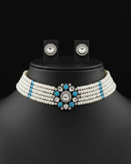 Turquoise floral genuine freshwater pearl necklace and earrings set for women