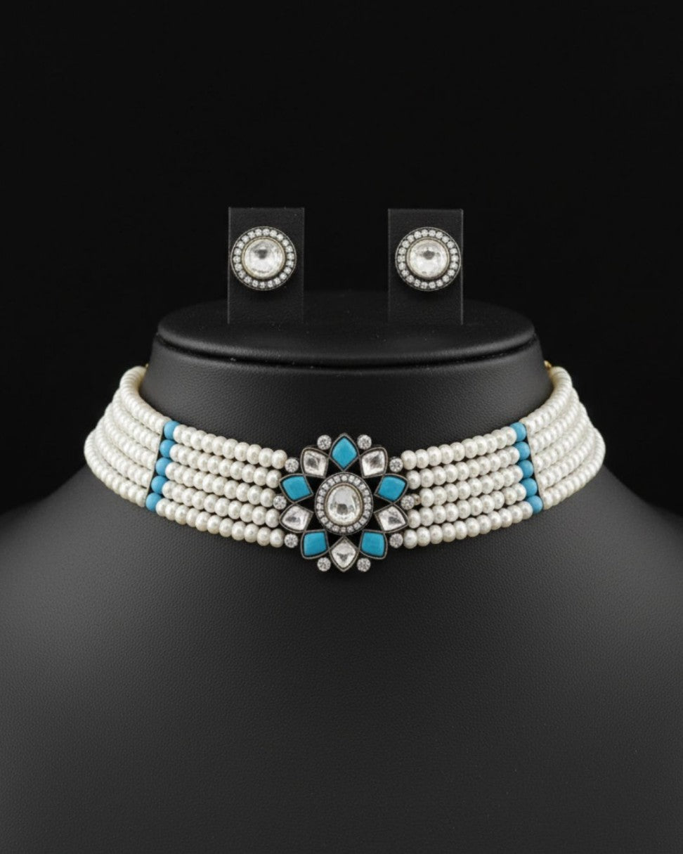 Turquoise floral genuine freshwater pearl necklace and earrings set for women