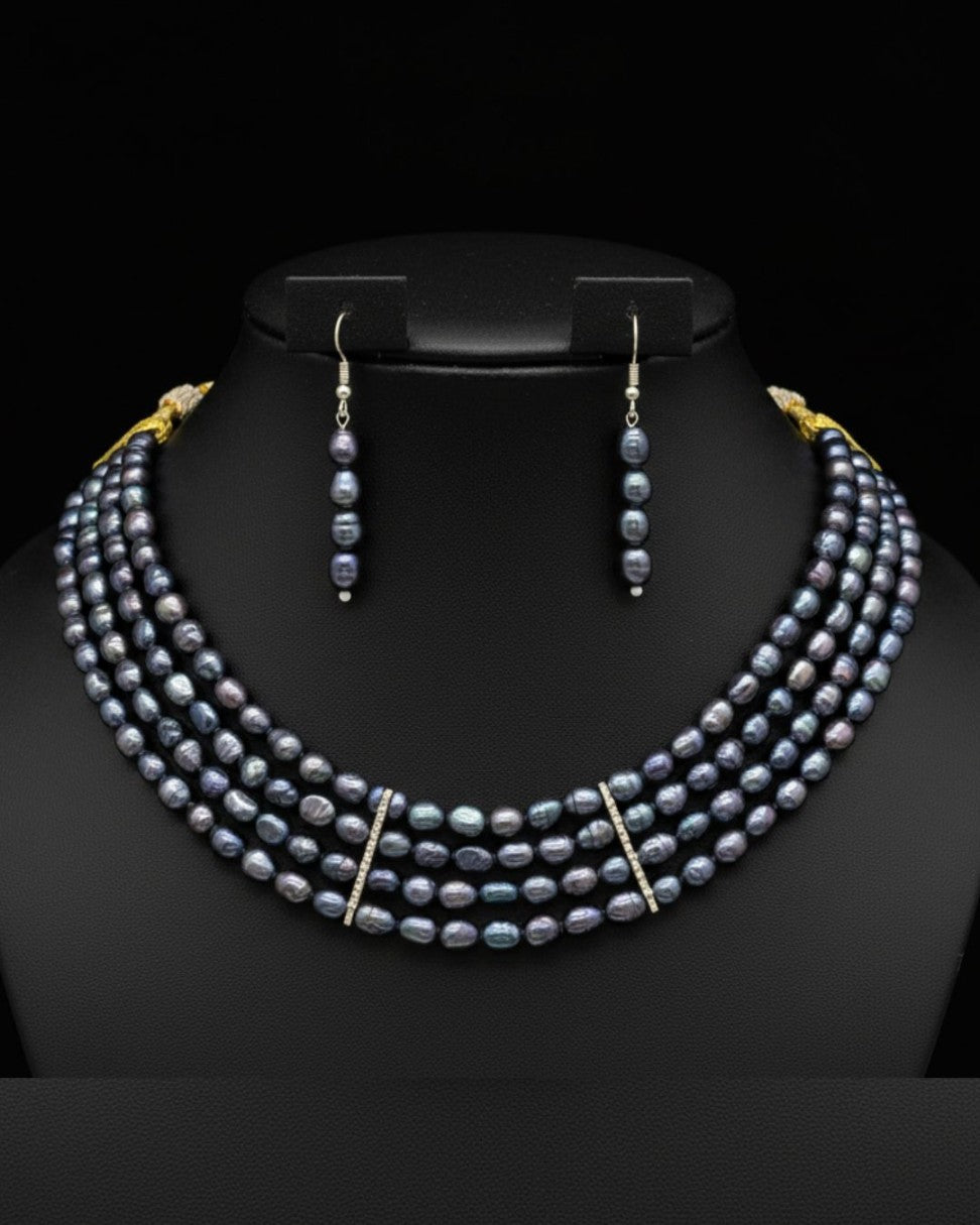 genuine freshwater pearl necklace and earrings set for women with dark black oval freshwater pearls in multi-strand choker design