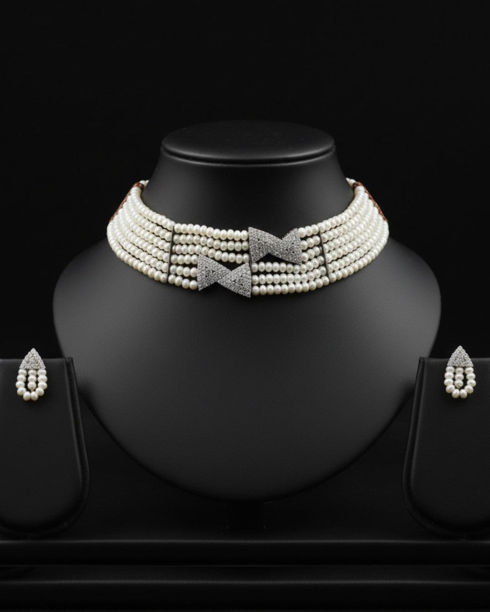 genuine freshwater pearl necklace and earrings set for women with white freshwater pearl bow choker design