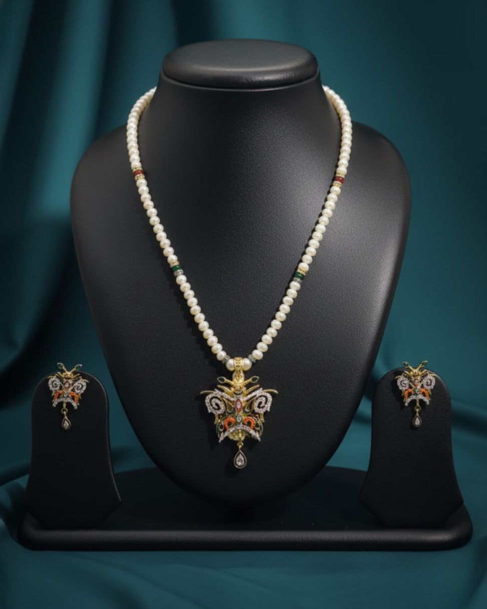 Butterfly Bloom freshwater pearl necklace and earrings set with enamel butterfly pendant for women