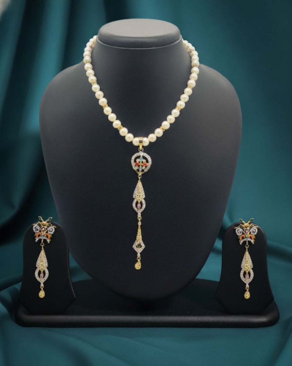 Regal Multitone genuine freshwater pearl one line pendant necklace and earrings set with multicolour stones for women