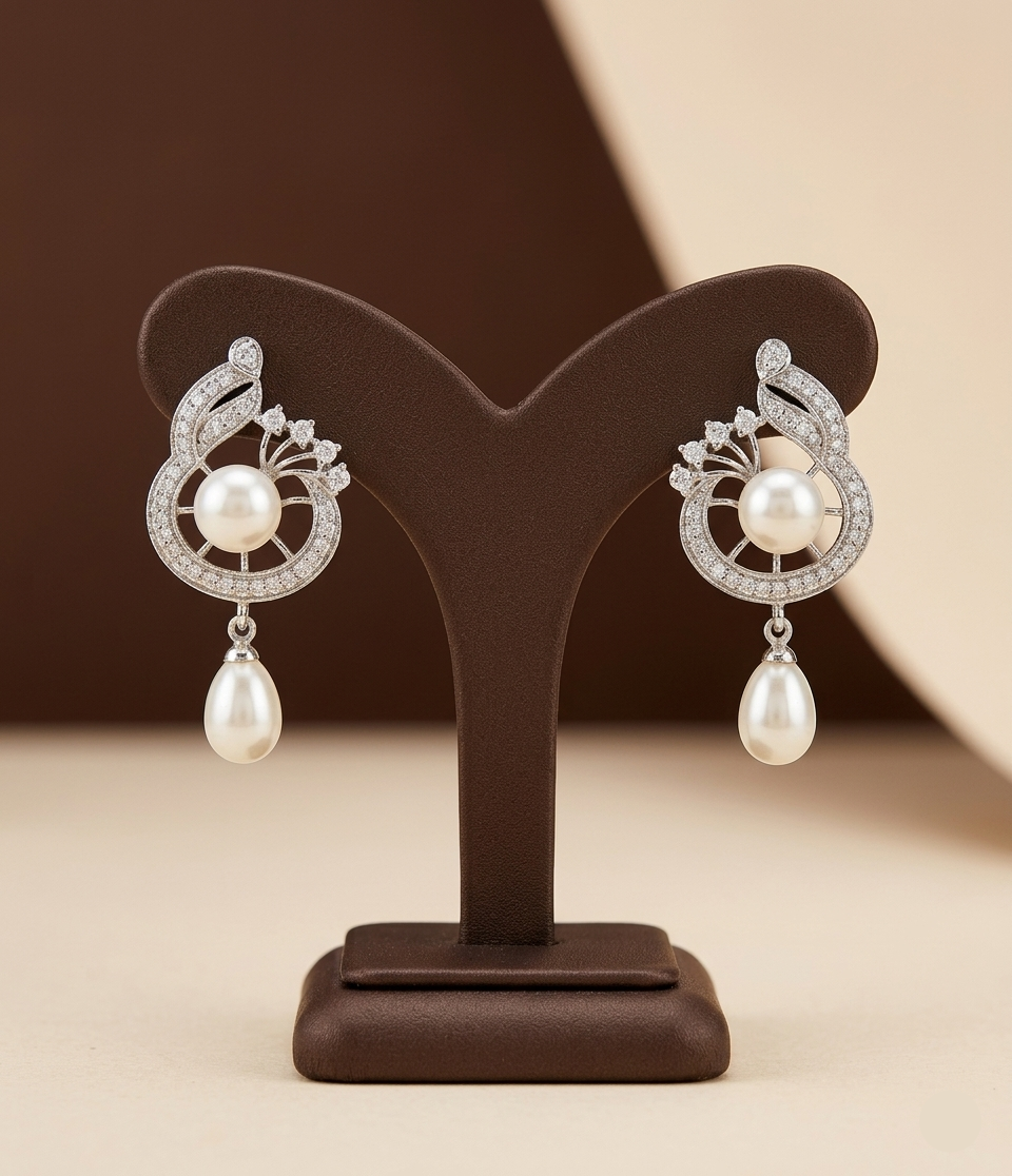 Ornate crystal swirl pearl earrings for women