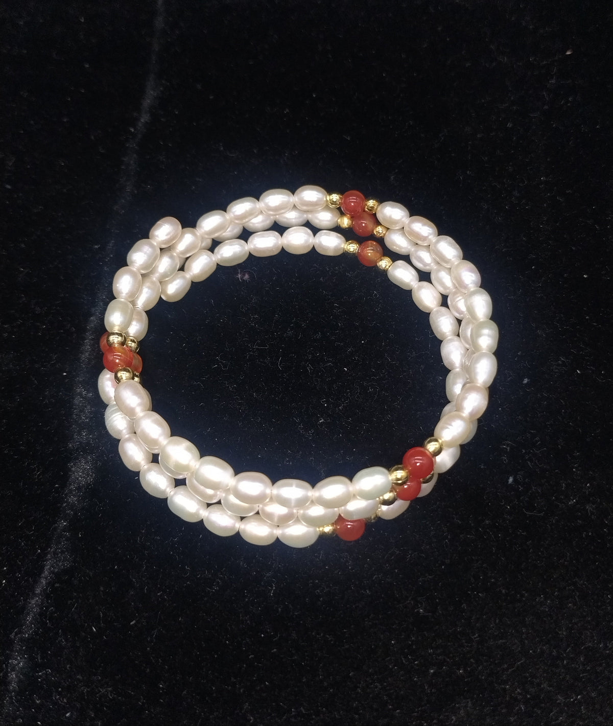 Oval White Pearl 3-Layer Wrap Bracelet with Red Beads & Gold Spacers2