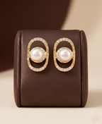 Oval pearl crystal stud earrings for women