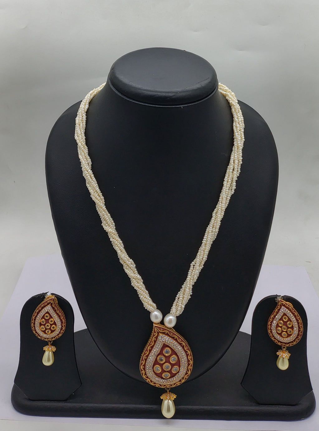 Paisley Pearl Royale seed pearl multi strand freshwater pearl pendant necklace and earrings set with paisley enamel pendant