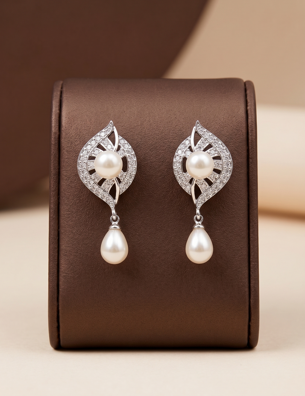 Pave Leaf Pearl Drop Earrings