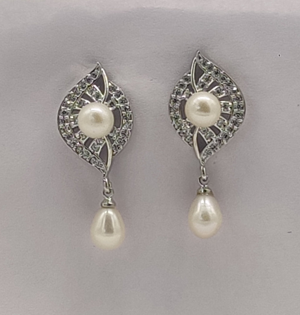 Pave Leaf Pearl Drop Earrings