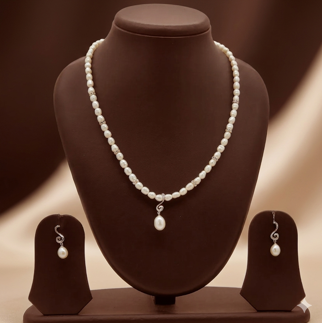 Pearl Drop One Line  Freshwater Pearl Necklace & Earrings Set
