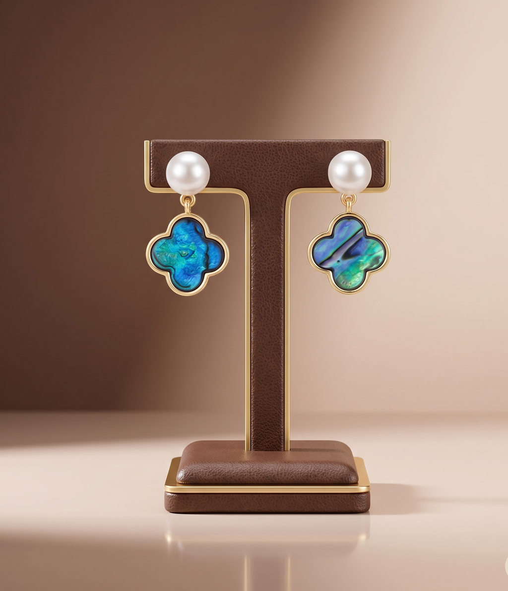 Pearl abalone clover freshwater pearl stud earrings for women