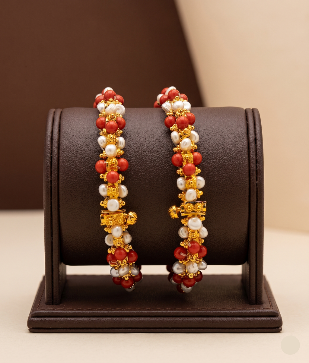  Pearl &amp; Red Bead Bangles – Elegant Two-Line Festive Design