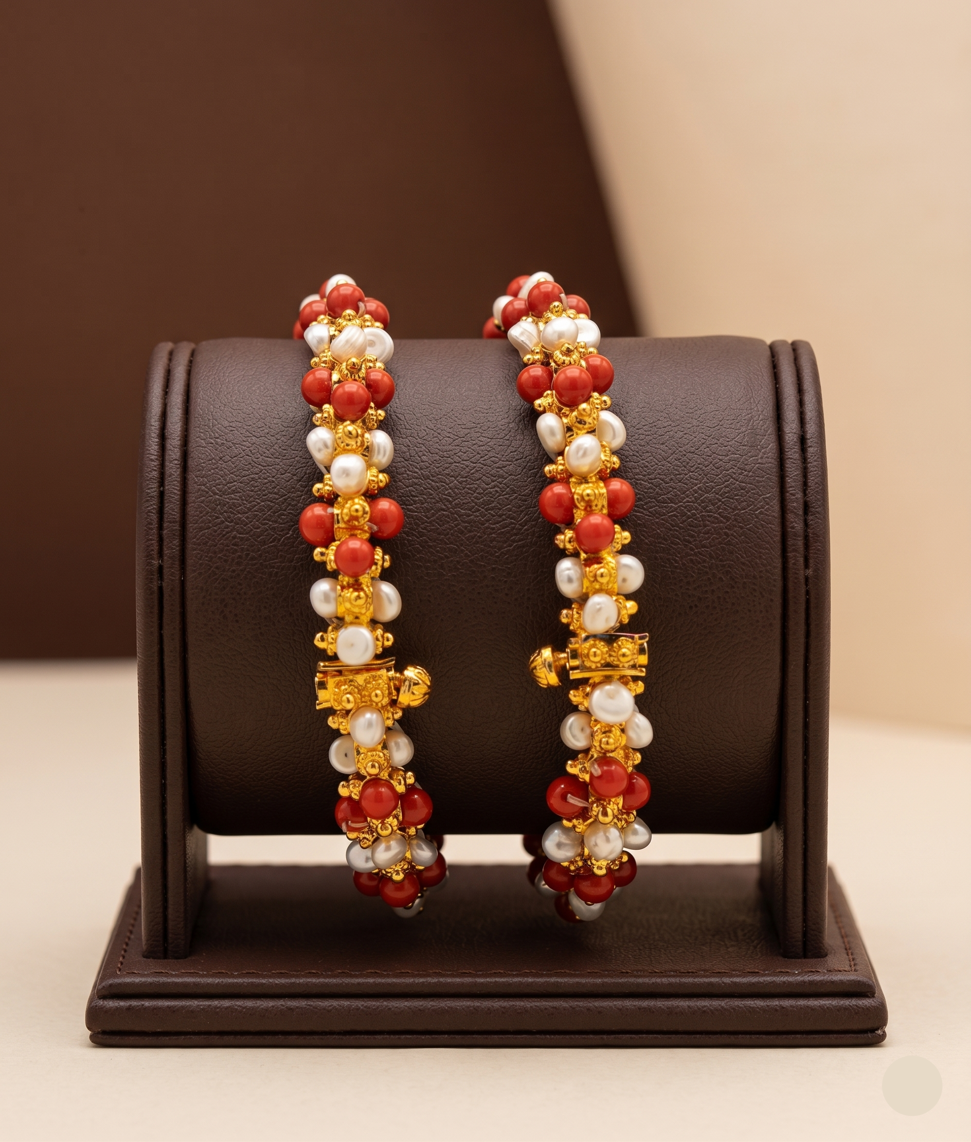 Pearl &amp; Red Bead Bangles – Elegant Two-Line Festive Design