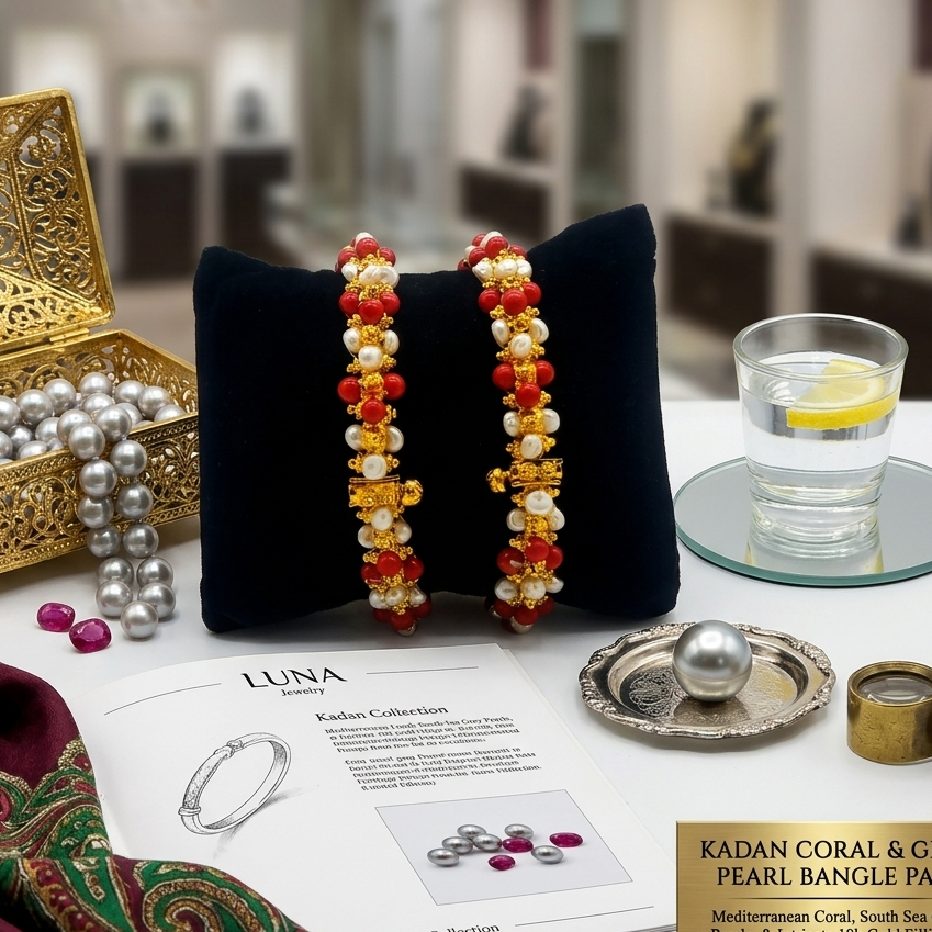  Pearl &amp; Red Bead Bangles – Elegant Two-Line Festive Design