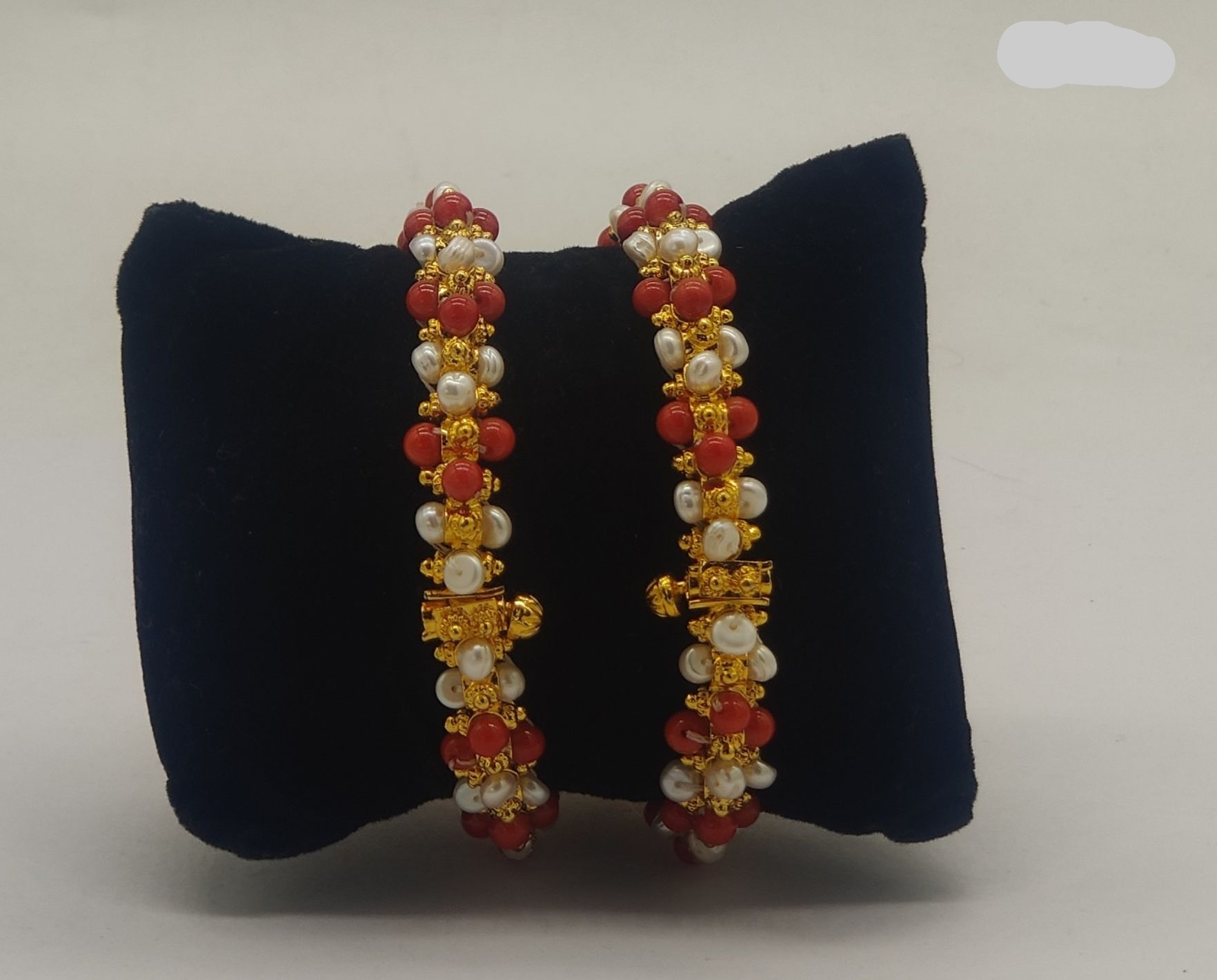  Pearl &amp; Red Bead Bangles – Elegant Two-Line Festive Design