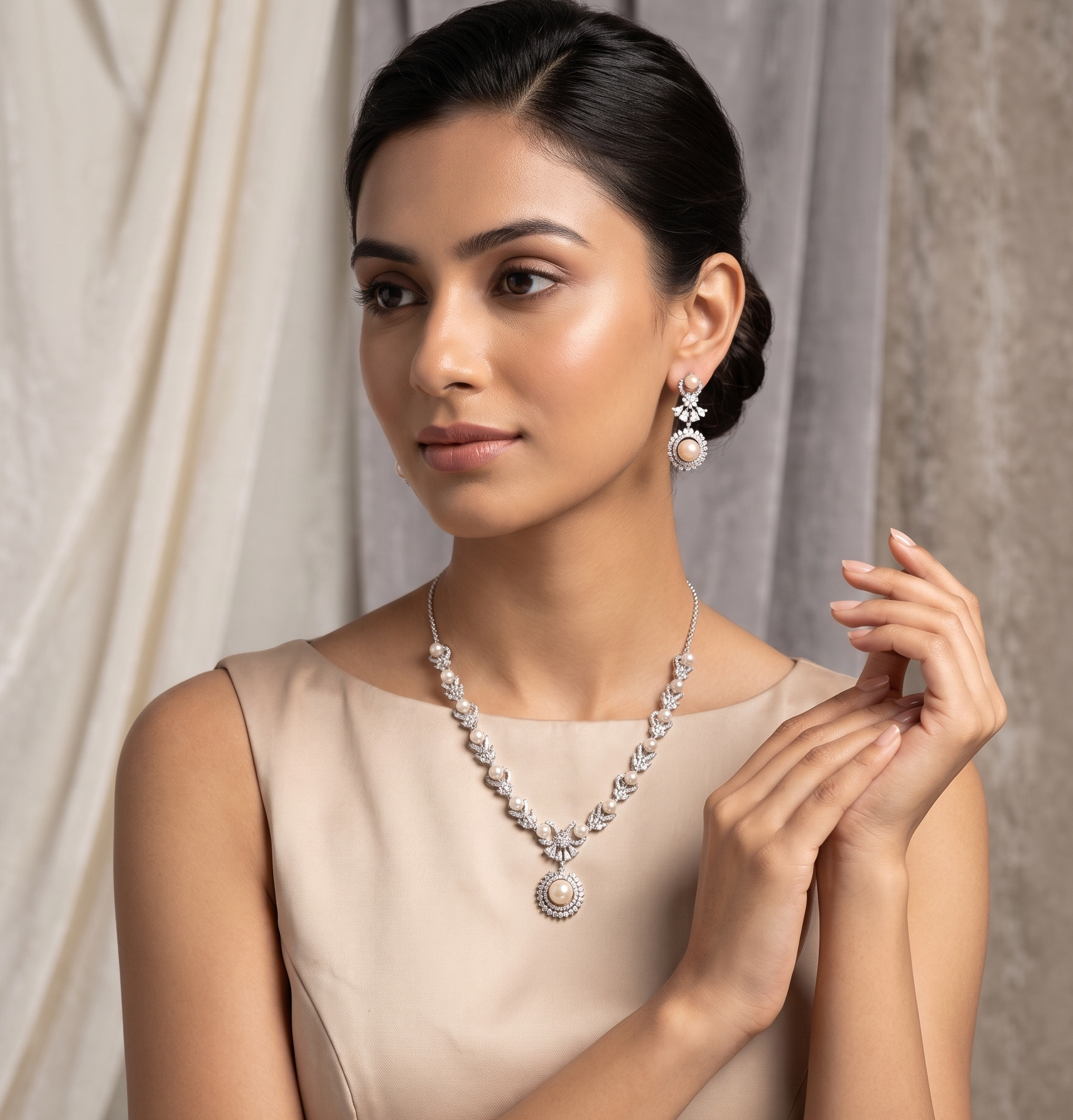 Pink Pearl Necklace Set – Elegant CZ Designer Jewellery