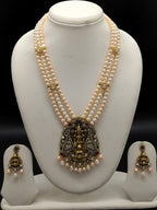 Pink and white freshwater pearl pendant necklace set with temple design antique gold pendant and layered pearls