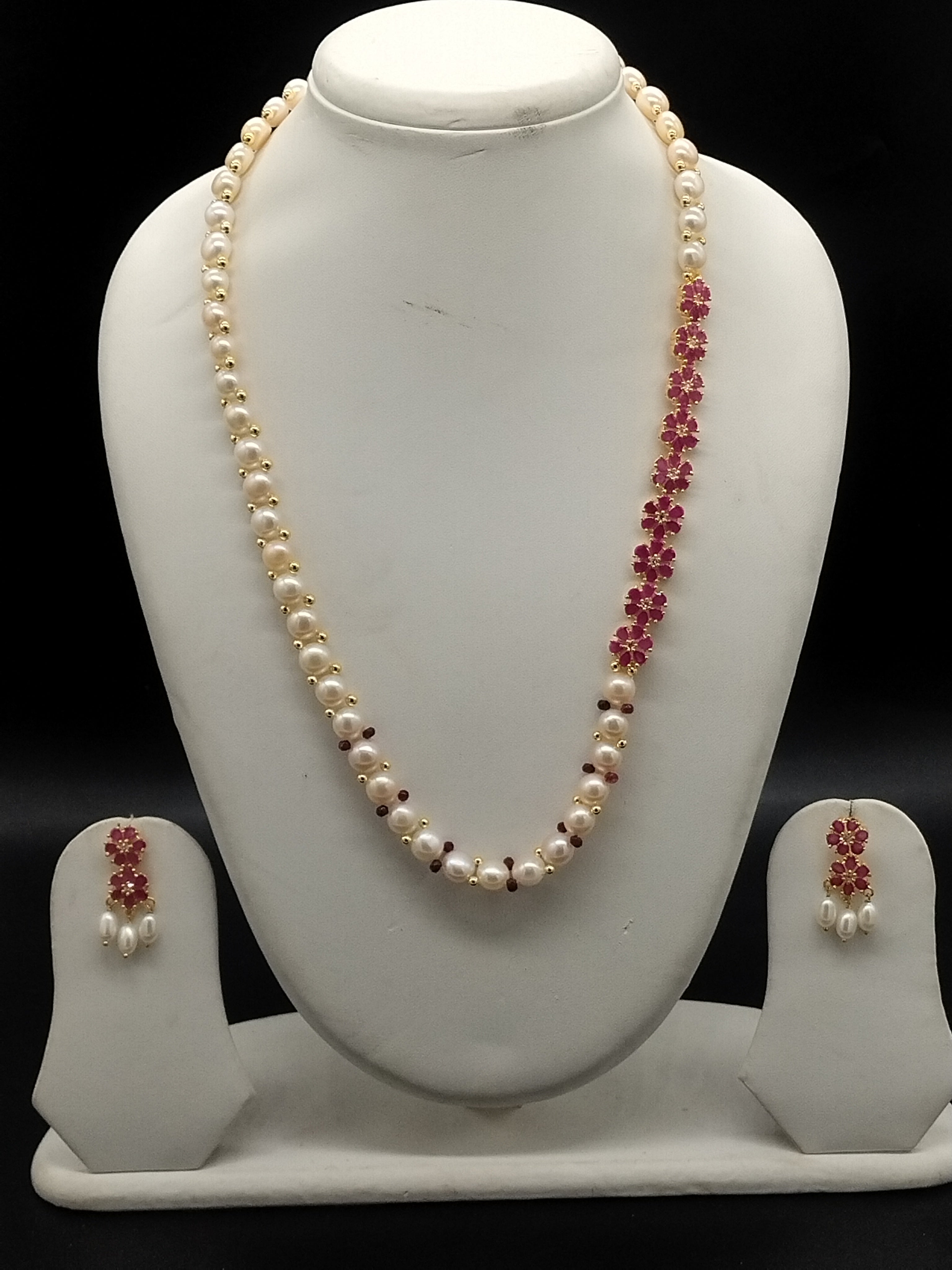 Pink freshwater pearl side brooch necklace set with red stone floral design and matching earrings