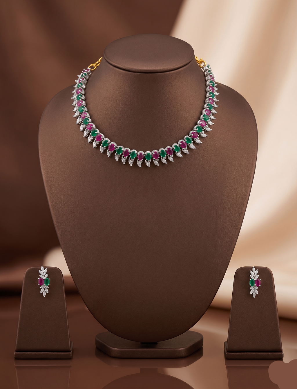 Pink, green and white American Diamond necklace set with matching drop earrings and rhodium finish.