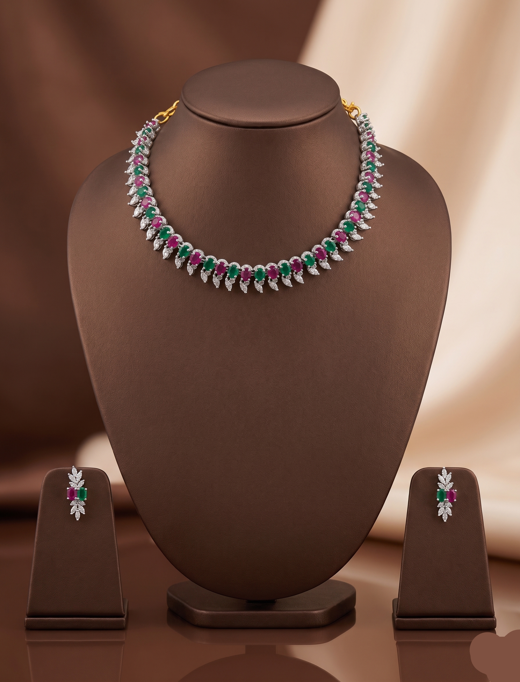 Pink, green and white American Diamond necklace set with matching drop earrings and rhodium finish.