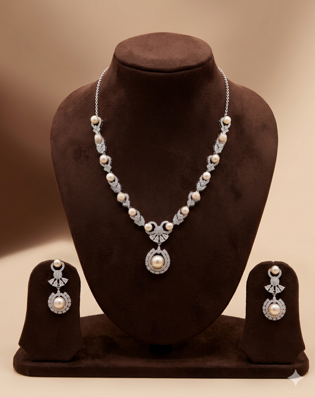 Pink pearl necklace set with white stones and matching earrings for women