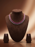 Rani pink and white American Diamond necklace set with floral design and matching drop earrings.